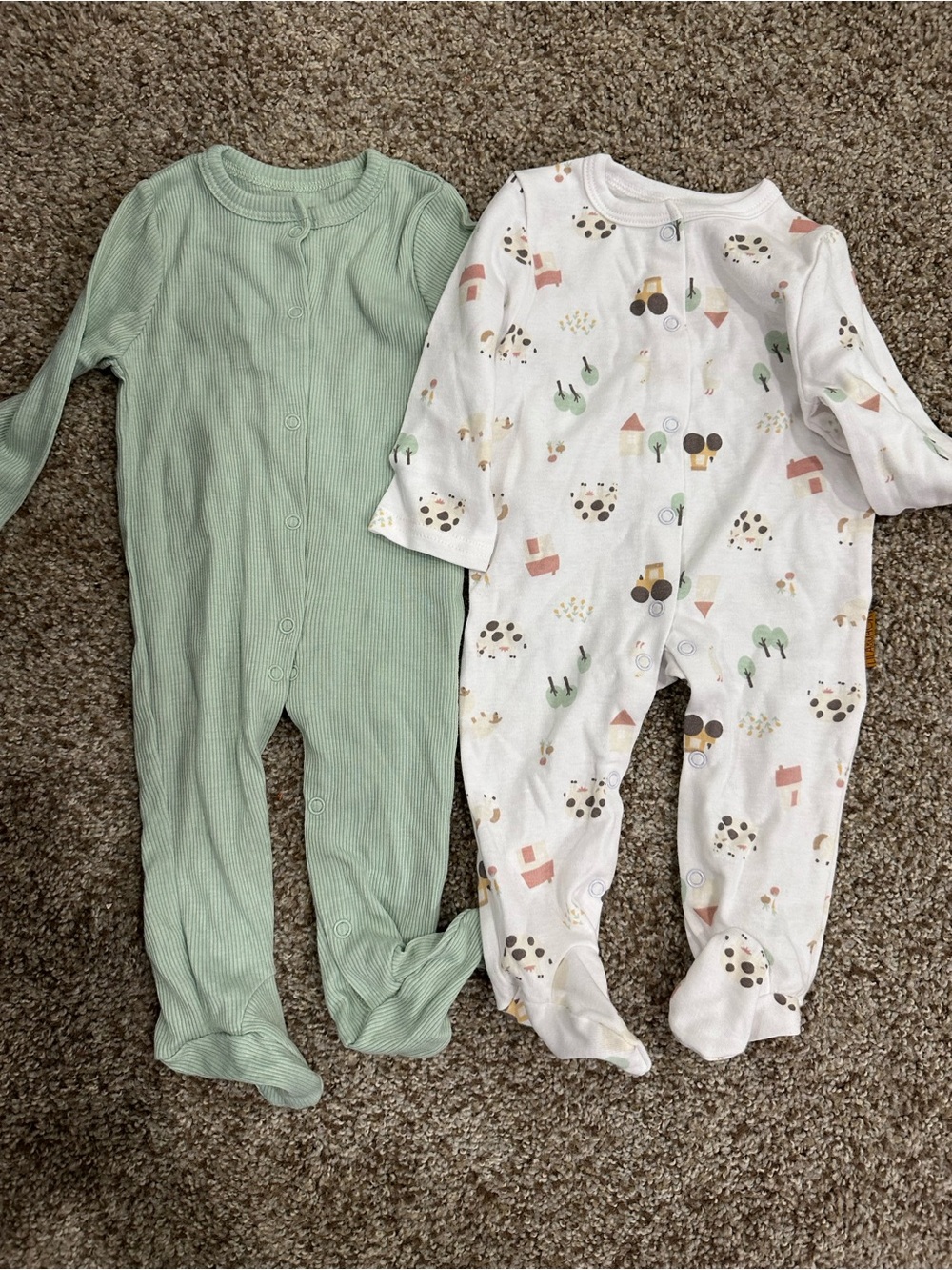 Baby Footie One-Piece Set in Sage Green and White Farm Print